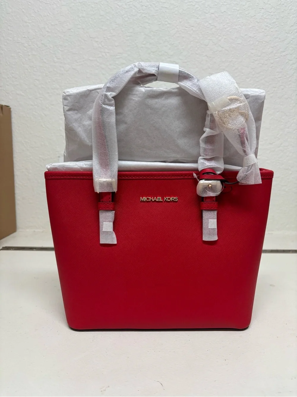 Michael Kors Red Saffiano Tote with Gold Hardware